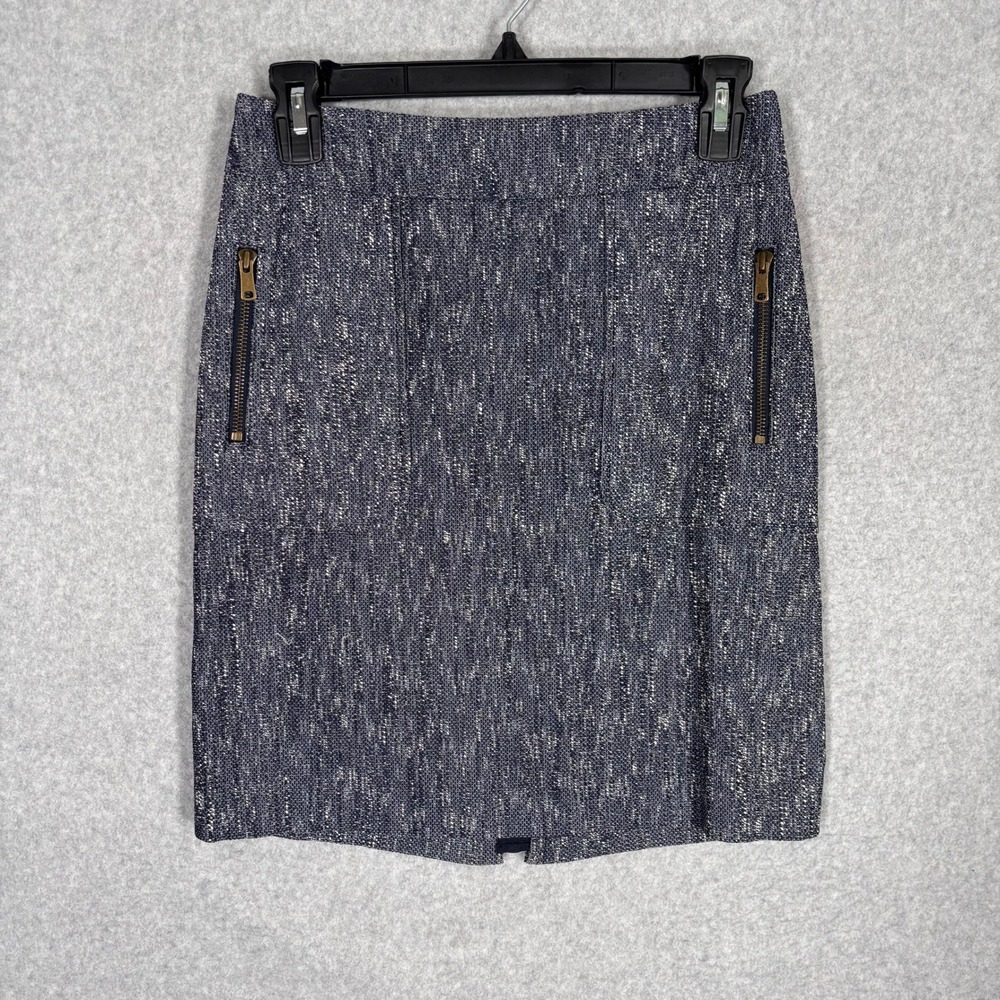 Ann Taylor Tweed Patch Pocket Pencil Skirt 0 Blue Textured Exposed Zipper Preppy